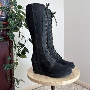 Black genuine leather platform wedge heel knee high boots with lace-up detail